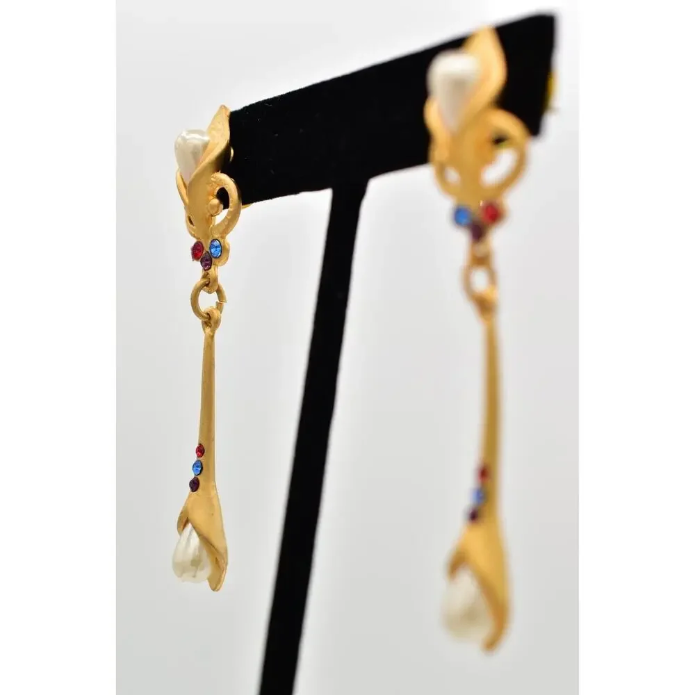 Vintage Pearl Crystal Dangle Earrings Drop Brushed Gold Matte NOS 1980s BinBK